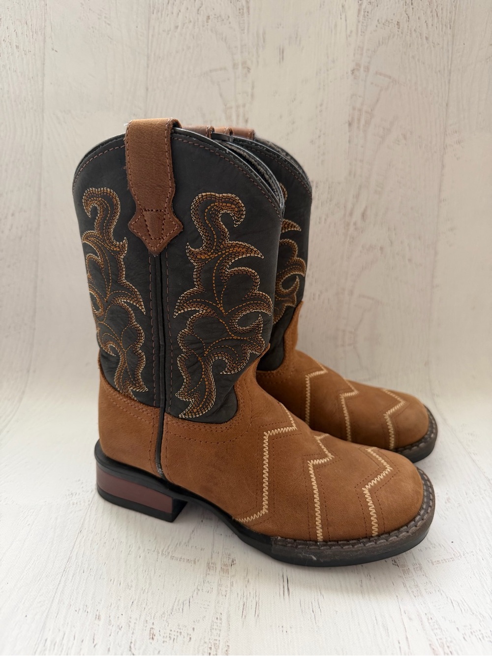 Roper Little Kids Boys Brown/Black Leather Monterey Angles Cowboy Boots USA 11